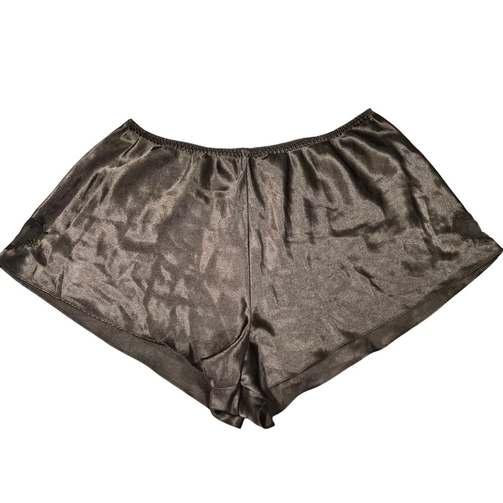 Erika Taylor Intimates Black Satin Tap Pants Heart Cutout Sleep Shorts Vintage